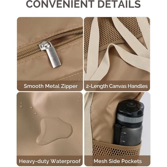 Women Khaki Beach Bag Large Waterproof Sandproof Foldable Tote With Zipper Mesh - Picture 6 of 8